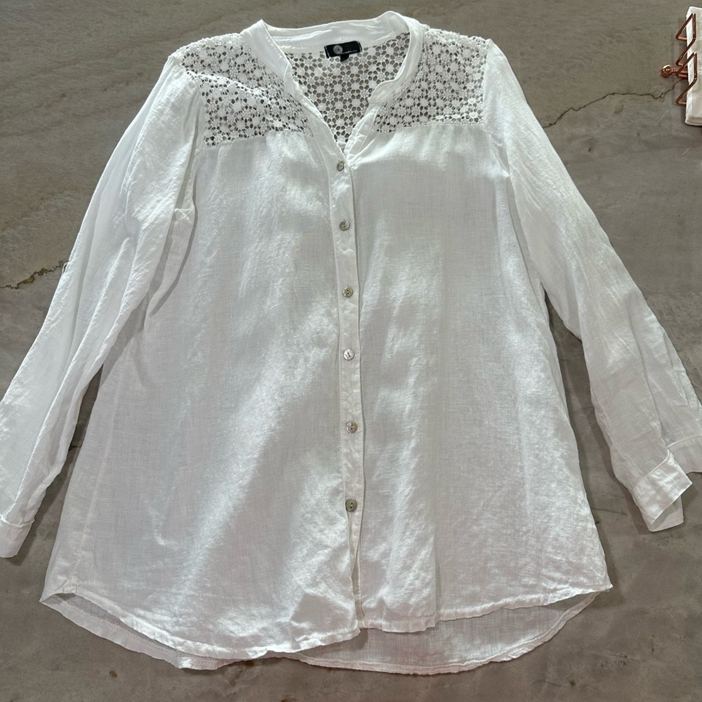 Marina Rinaldi White Button-Front Lace Yoke Shirt